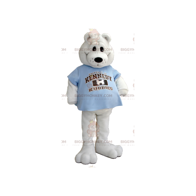 Fato de mascote de urso polar BIGGYMONKEY™ com t-shirt azul – Fato de mascote de urso polar BIGGYMONKEY™ com t-shirt azul –