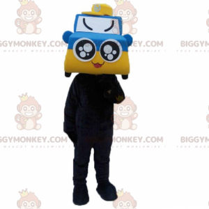 Kostým maskota BIGGYMONKEY™ modrého a žlutého auta, kostým auta