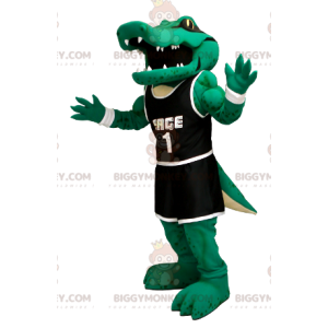 Grøn krokodille BIGGYMONKEY™ maskotkostume i sort sportstøj -