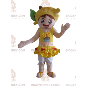 Girl BIGGYMONKEY™ mascot costume with a lemon on her head, girl