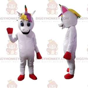 Hvid Unicorn BIGGYMONKEY™ maskotkostume med flerfarvet manke -