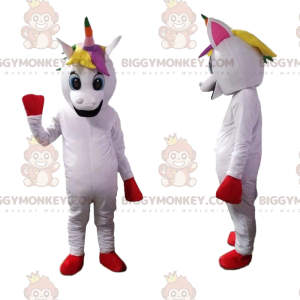 Vit Unicorn BIGGYMONKEY™ maskotdräkt med flerfärgad man -