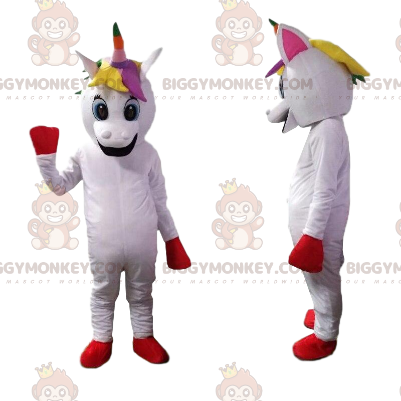 Vit Unicorn BIGGYMONKEY™ maskotdräkt med flerfärgad man - Vit Unicorn BIGGYMONKEY™ maskotdräkt med flerfärgad man -