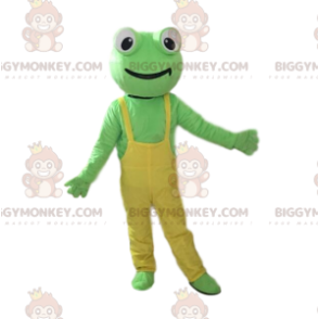 BIGGYMONKEY™ vihreä sammakon maskottiasu keltaisilla haalareilla - Sammakon maskotit - BIGGYMONKEY_010875 - BiggyMonkey.com