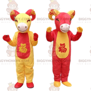 2 BIGGYMONKEY™s mascot red and yellow goats, goat costumes -