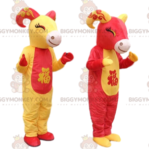 2 czerwone i żółte kozy BIGGYMONKEY™, kostiumy kozy -
