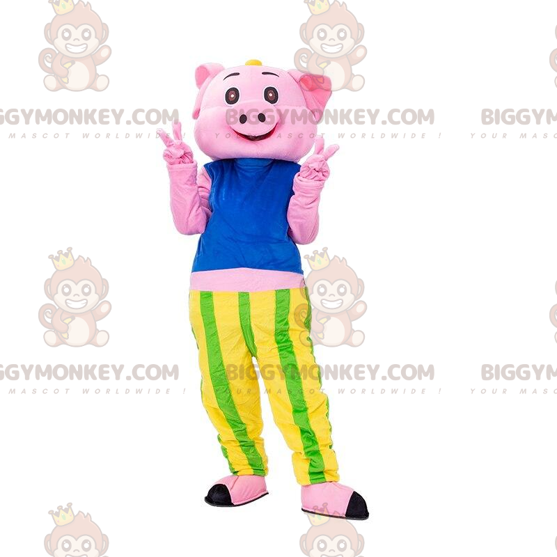 Pink Pig BIGGYMONKEY™ maskottiasu raidallisella T-paidalla ja Pink Pig BIGGYMONKEY™ maskottiasu raidallisella T-paidalla ja