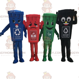 4 barevné popelnice s maskoty BIGGYMONKEY™, kostýmy popelnic –