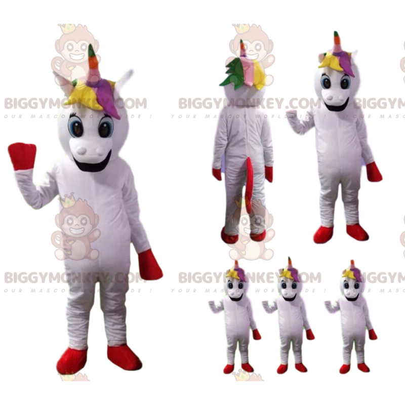 Vit Unicorn BIGGYMONKEY™ maskotdräkt med regnbågsman -