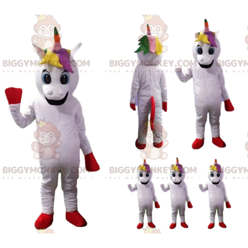 Vit Unicorn BIGGYMONKEY™ maskotdräkt med regnbågsman - Vit Unicorn BIGGYMONKEY™ maskotdräkt med regnbågsman -