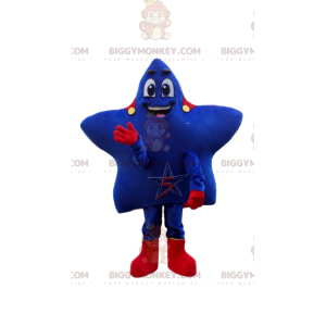 Blue star BIGGYMONKEY™ mascot costume with red cape, super star