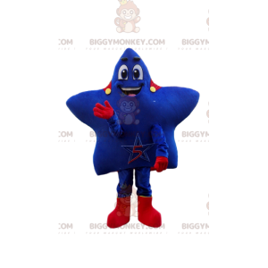 Fato de mascote estrela azul BIGGYMONKEY™ com capa vermelha