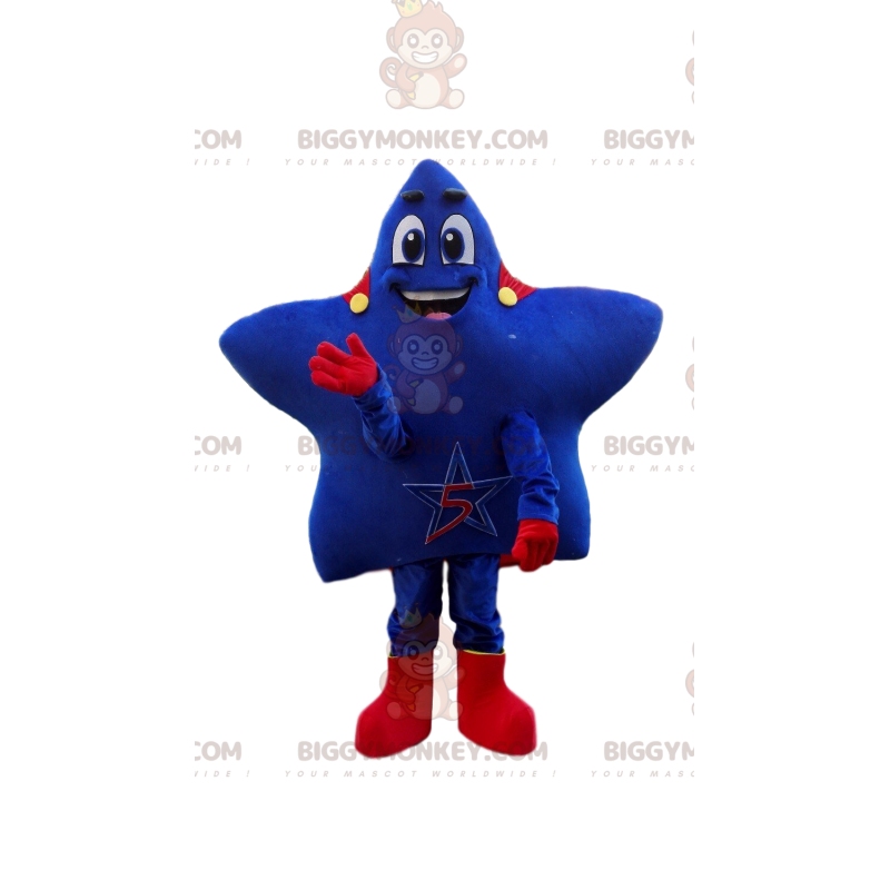 Blue star BIGGYMONKEY™ mascot costume with red cape, super star