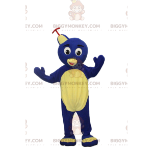 BIGGYMONKEY™ mascot costume of yellow and blue bird with a hat