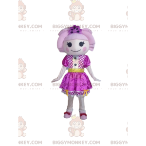 Traje de mascote Doll BIGGYMONKEY™ com vestido roxo e cabelo