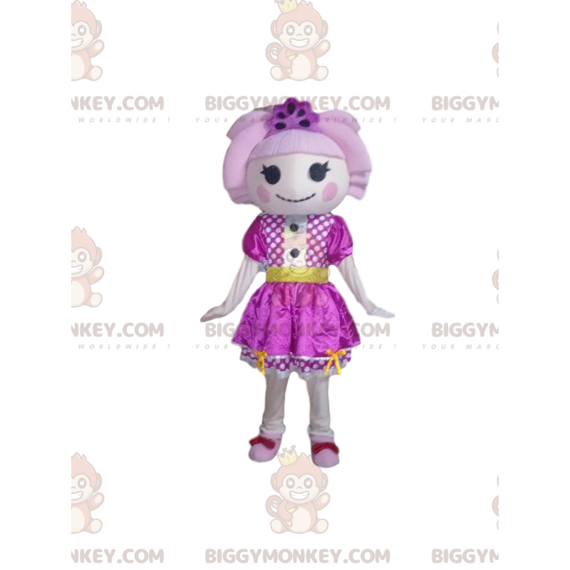 Traje de mascote Doll BIGGYMONKEY™ com vestido roxo e cabelo