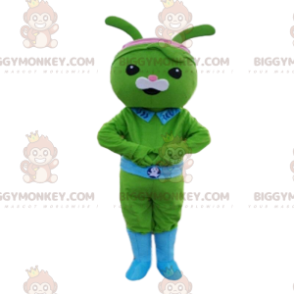 Green Rabbit BIGGYMONKEY™ maskottiasu vyöllä ja sinisellä