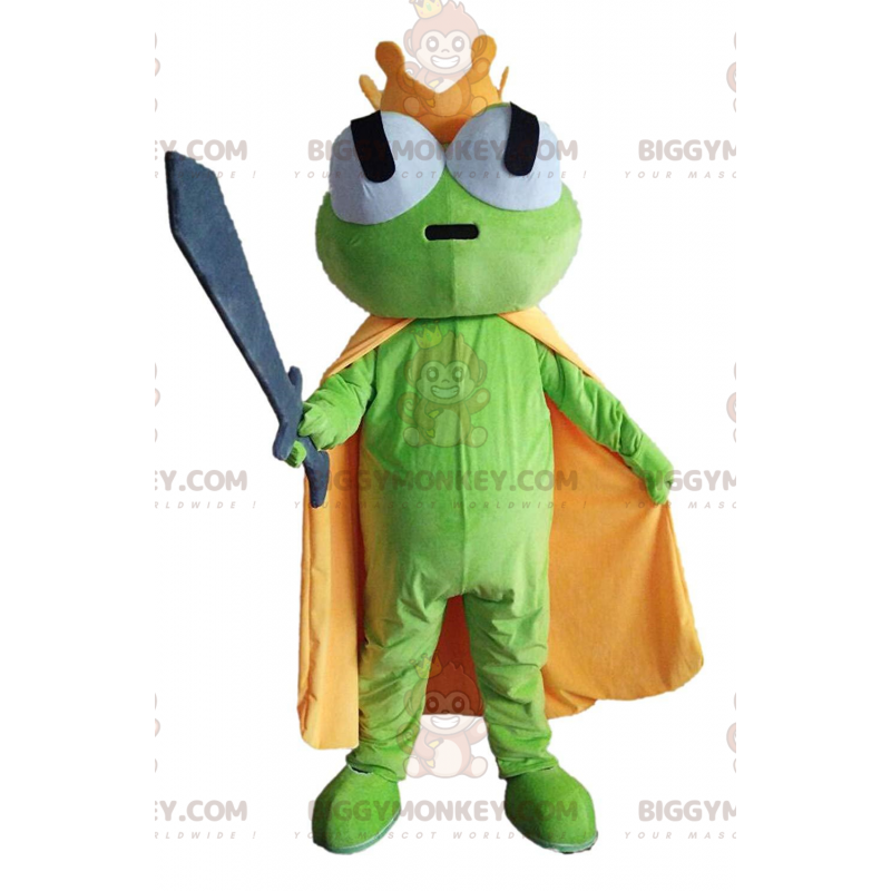 Στολή μασκότ BIGGYMONKEY™ Green Frog με κίτρινη κάπα και στέμμα