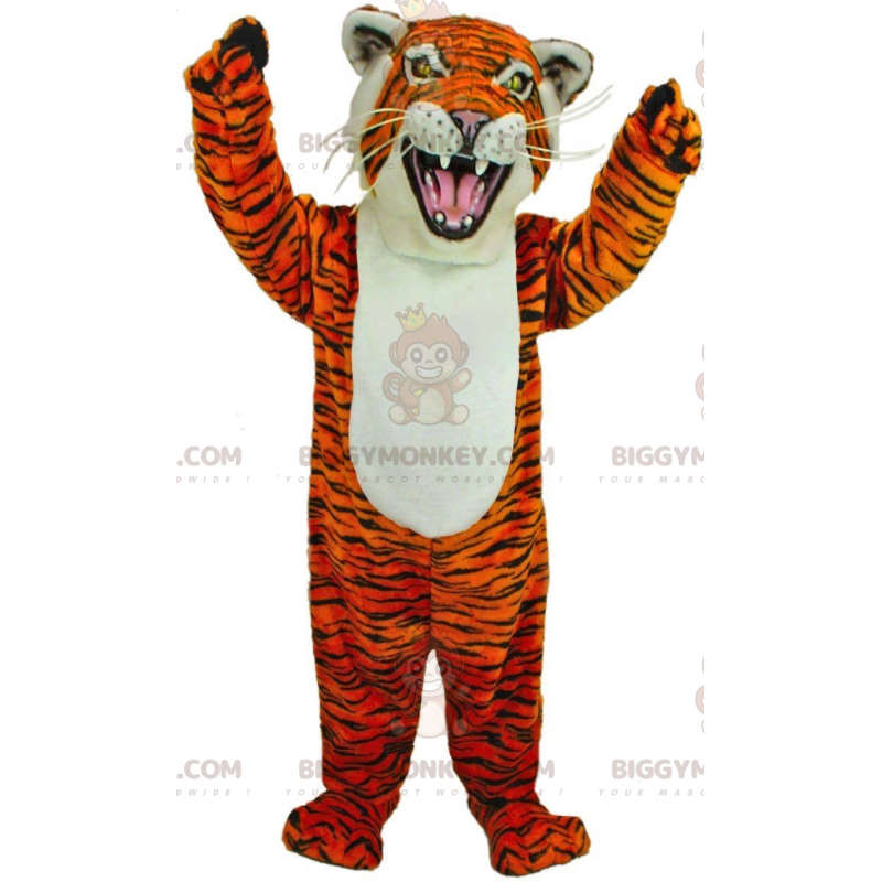 Traje de mascote BIGGYMONKEY ™ laranja feroz, tigre branco e Traje de mascote BIGGYMONKEY ™ laranja feroz, tigre branco e