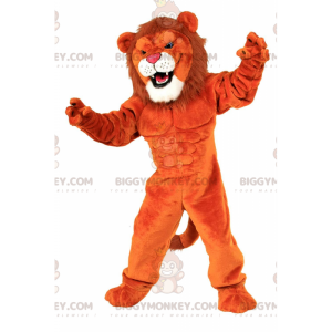 Oranssi leijona BIGGYMONKEY™ maskottiasu, erittäin lihaksikas