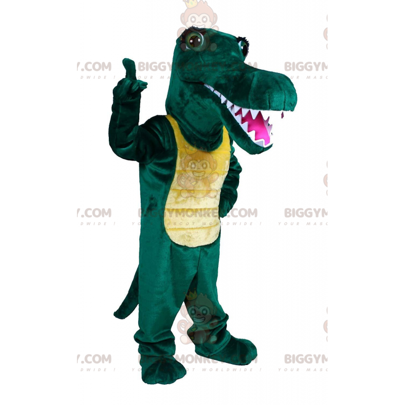 Costume de mascotte BIGGYMONKEY™ de crocodile vert et jaune Costume de mascotte BIGGYMONKEY™ de crocodile vert et jaune