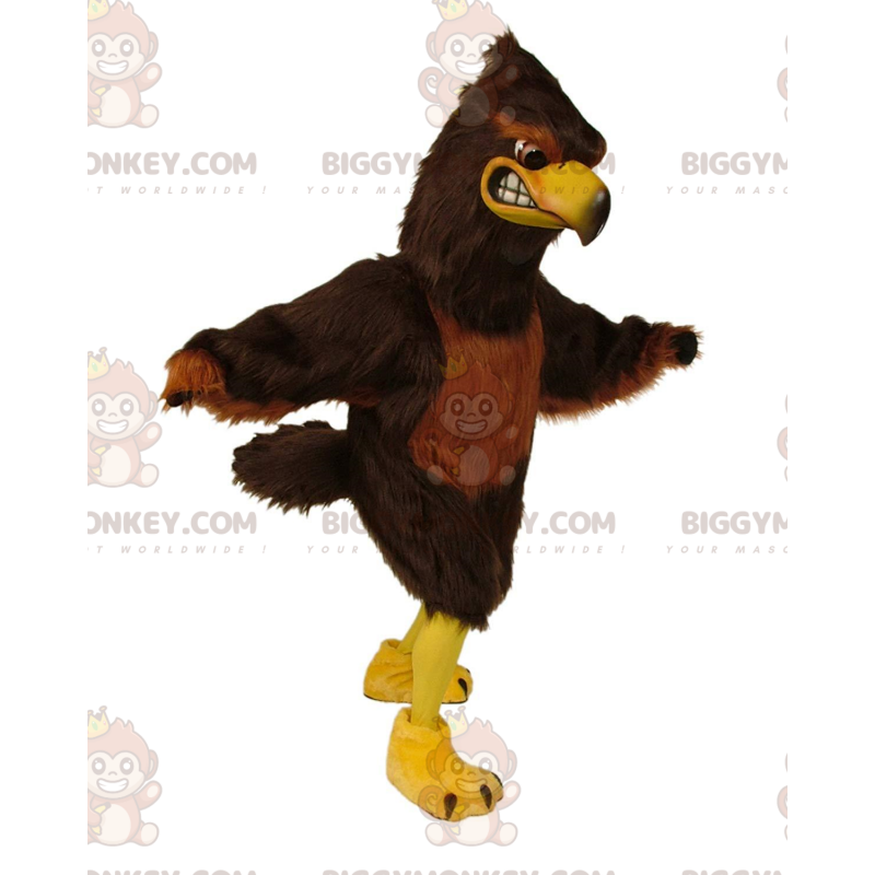 Costume de mascotte BIGGYMONKEY™ de faucon marron et jaune Costume de mascotte BIGGYMONKEY™ de faucon marron et jaune