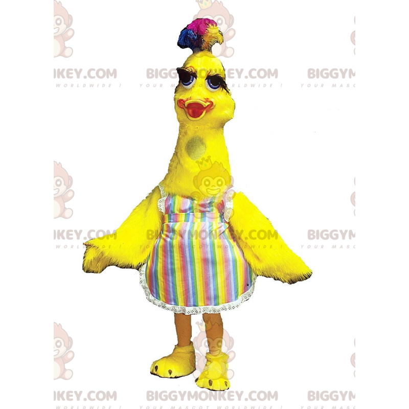 Big Yellow Bird BIGGYMONKEY™ mascottekostuum met kleurrijk haar op het hoofd - Vogel mascotte - BiggyMonkey.com