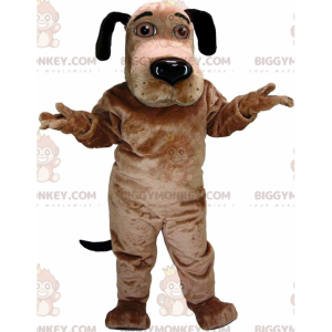 Fato de mascote de cão castanho e preto com olhos castanhos