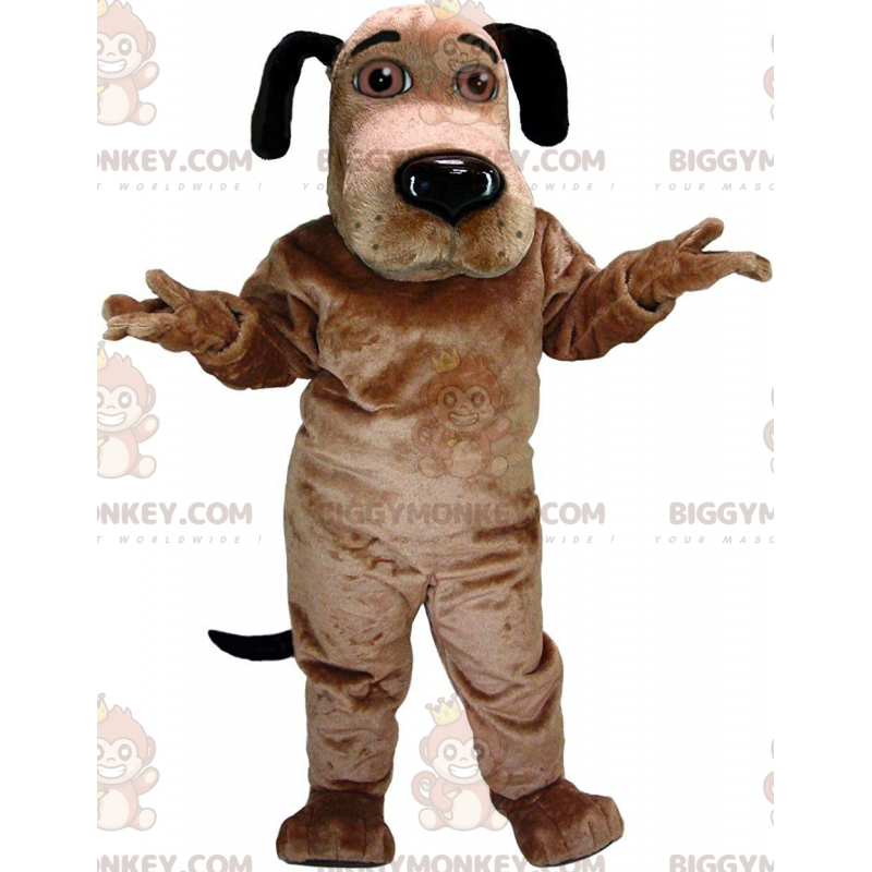 Disfraz de mascota de perro marrón y negro con ojos marrones
