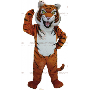 Traje de mascote BIGGYMONKEY™ de tigre laranja, branco e preto com olhos amarelos - Mascotes de tigre - BiggyMonkey.com