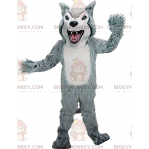 Traje de mascote BIGGYMONKEY™ de husky cinza e branco, fantasia