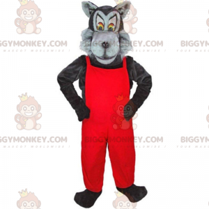 BIGGYMONKEY™ maskotkostume grå og sort ulv med røde overalls -