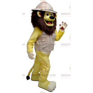 BIGGYMONKEY™ Maskottchenkostüm Gelber Löwe im Entdecker-Outfit