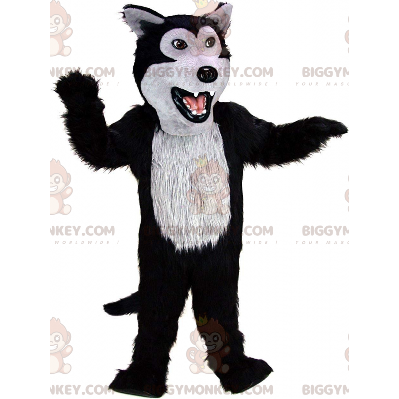 Fantasia de mascote BIGGYMONKEY™ de lobo preto e cinza Fantasia de mascote BIGGYMONKEY™ de lobo preto e cinza