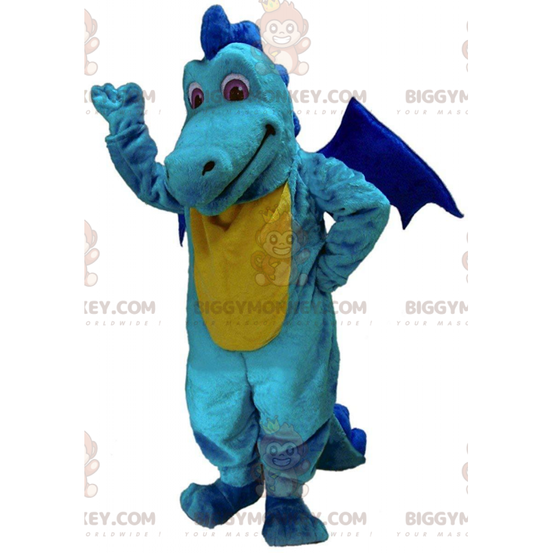 BIGGYMONKEY™ mascot costume yellow and blue dragon, colorful BIGGYMONKEY™ mascot costume yellow and blue dragon, colorful