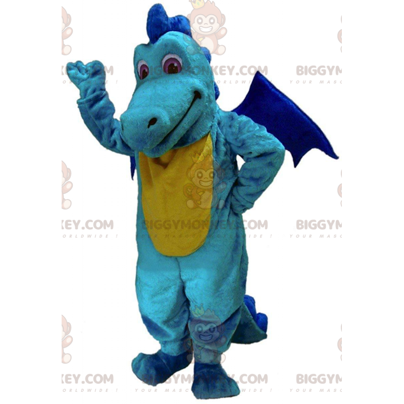 Traje de mascote BIGGYMONKEY™ dragão amarelo e azul, traje de