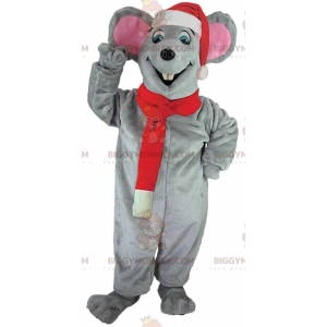 Graue Maus BIGGYMONKEY™ Maskottchen-Kostüm mit Weihnachtsmütze