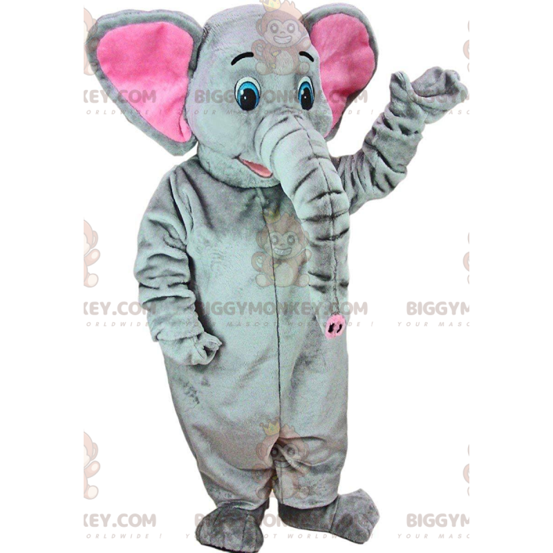 Costume de mascotte BIGGYMONKEY™ d'éléphant gris et rose avec Costume de mascotte BIGGYMONKEY™ d'éléphant gris et rose avec