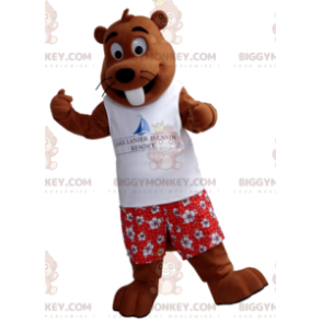 BIGGYMONKEY™ Mascottekostuum bruine marmot in vakantie-outfit -
