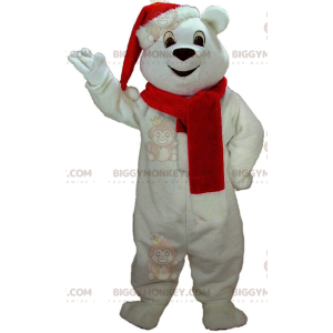 Kostým maskota bílého medvídka BIGGYMONKEY™ s čepicí a šálou –
