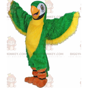 Traje de mascote BIGGYMONKEY™ de papagaio verde e amarelo