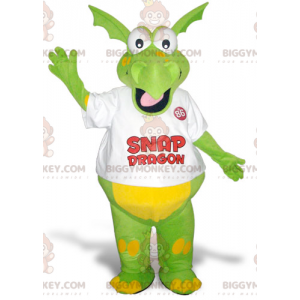 Rolig och färgglad grön och gul drake BIGGYMONKEY™ maskotdräkt