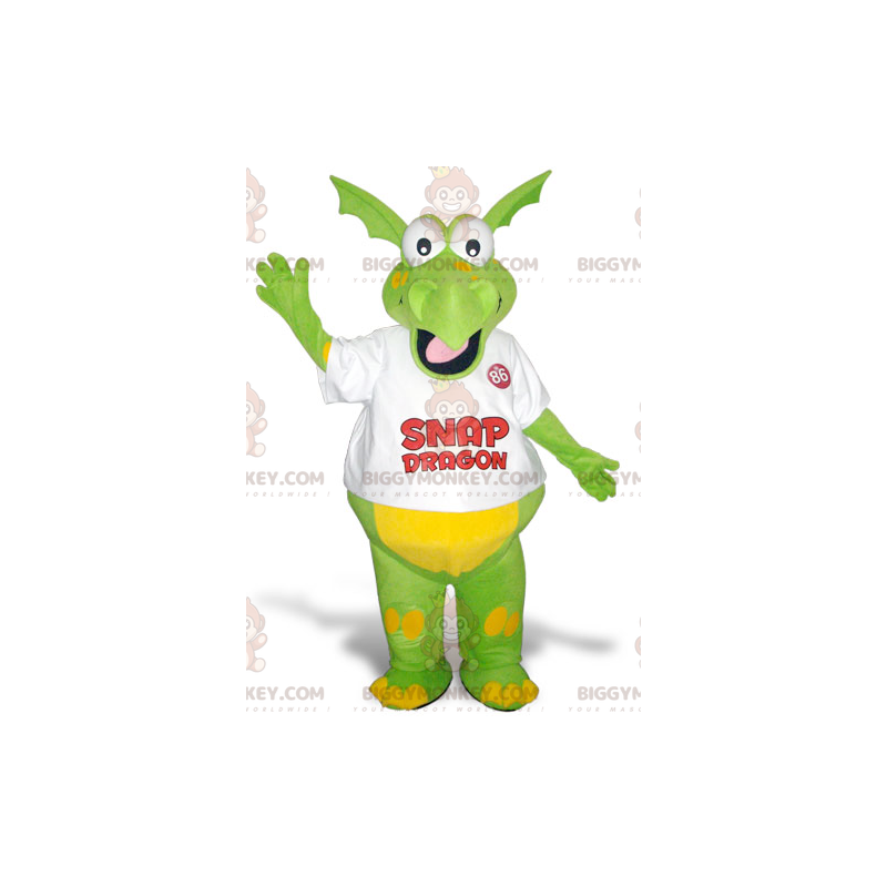 Costume de mascotte BIGGYMONKEY™ de dragon vert et jaune rigolo