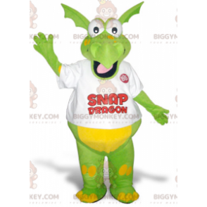 Costume de mascotte BIGGYMONKEY™ de dragon vert et jaune rigolo