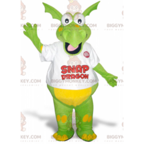 Traje de mascote engraçado e colorido de dragão verde e amarelo