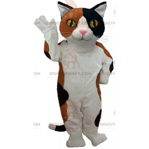 BIGGYMONKEY™ maskotdräkt av vit, brun och svart katt med gula