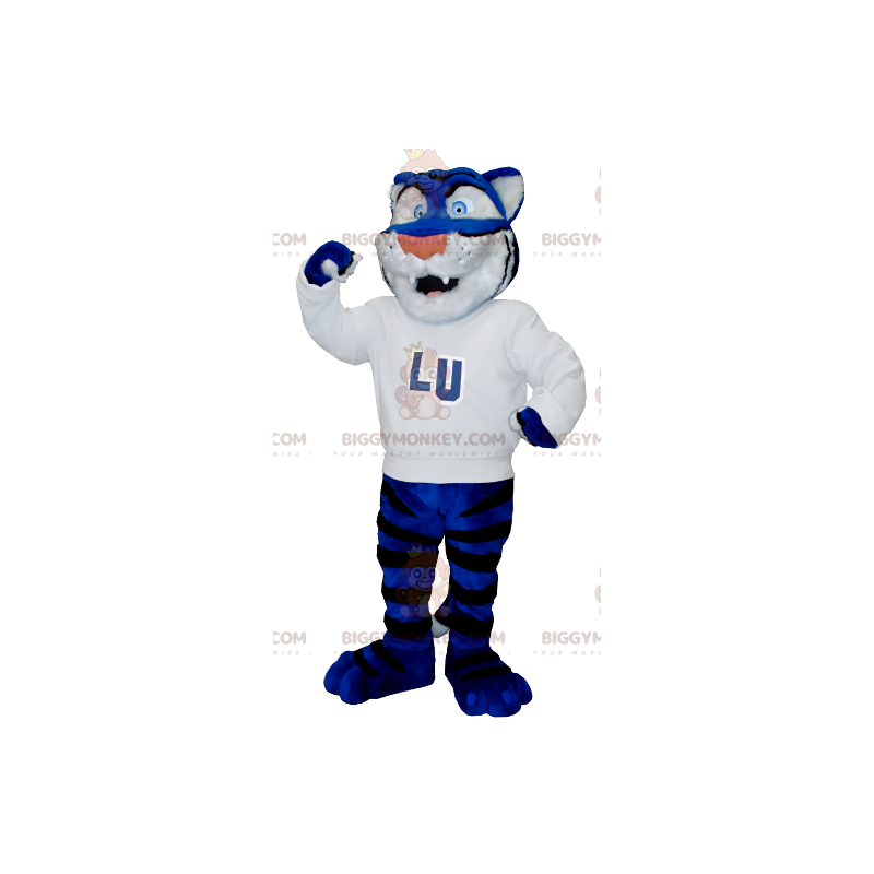 Blue White and Black Tiger BIGGYMONKEY™ Mascot Costume with Blue White and Black Tiger BIGGYMONKEY™ Mascot Costume with