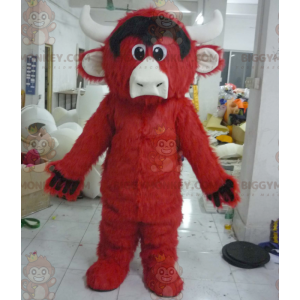 Κοστούμι μασκότ BIGGYMONKEY™ με όλα τα μαλλιά κόκκινο και μαύρο Buffalo Bull - Μασκότ αγελάδων - BiggyMonkey.com