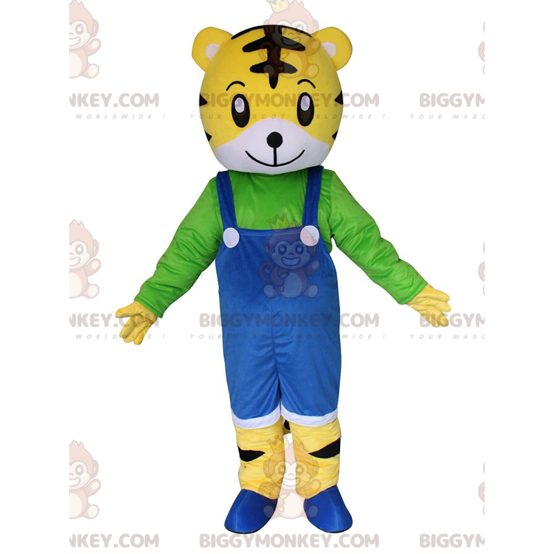 Tiger cub BIGGYMONKEY™ mascot costume with overalls, tiger