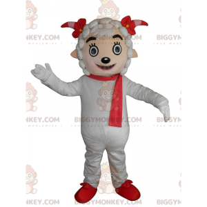 BIGGYMONKEY™ maskotkostume Hvidt får med rødt tørklæde og horn